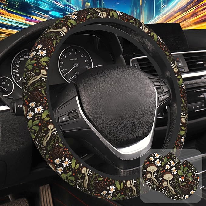 Mushrooms and Herbs Steering Wheel Cover with 2 Pcs Car Coasters Neoprene Steering Wheel Cover for Women Men Anti-Slip Breathable Car Accessories Universal 15 Inch Fit Auto Cars Trucks