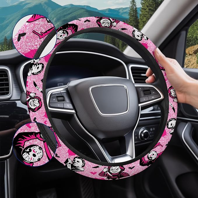 Pink Retro Horror Mask Steering Wheel Cover, Non-Slip Polyester Wheel Grip, Universal 15 Inch Car Accessory