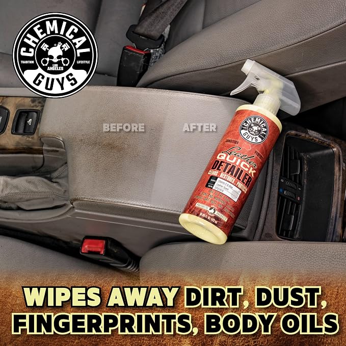Leather Quick Detailer - Interior Cleaner and Conditioner for Natural, Synthetic, Pleather, and More, Safe for Car Seats, Furniture, Apparel, Shoes & Boots, Leather Scented - 16 fl oz