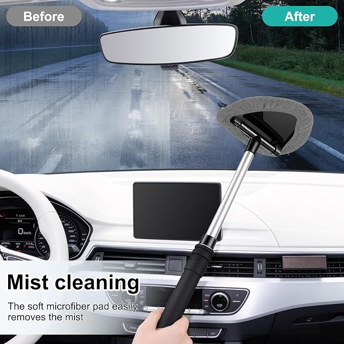 Windshield Cleaner Tool, Car Interior and Exterior Window Cleaning Kit with Extendable Handle & 4 Reusable Microfiber Pads, Auto Glass Wiper Brush Kit for Car & Home Windows (Grey)