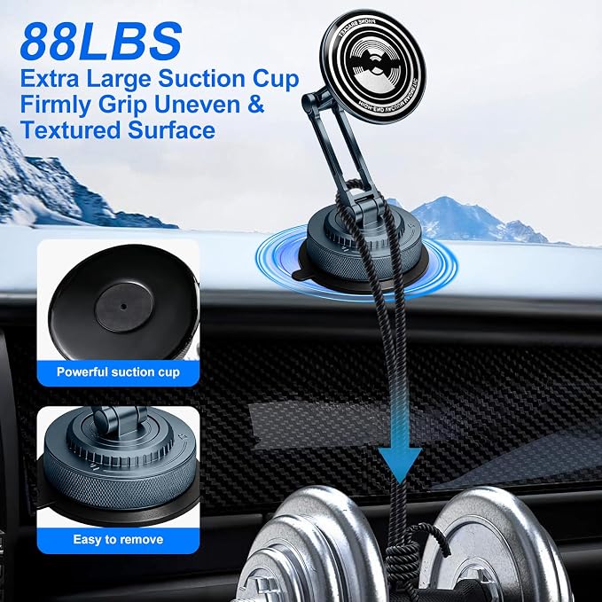 PIEPIE All-Metal Alloy Long Arm Magnetic Suction Cup Car Phone Mount Holder | Strong Powerful Magnetic Heavy-Duty Windshield Dash 360° Mechanical Rotation Cell Mobile Phone Vehicle Bracket for All Cars