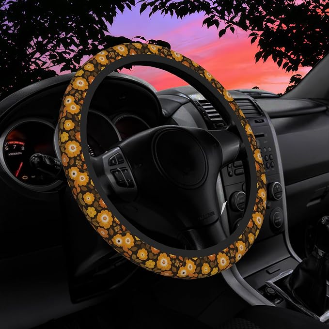 Retro 70s Groovy Orange Floral Steering Wheel Cover for Women Men Neoprene Breathable Wheel Cover Protector Anti-Slip Car Accessories Universal 15 Inch Fit for Cars Trucks Vehicles