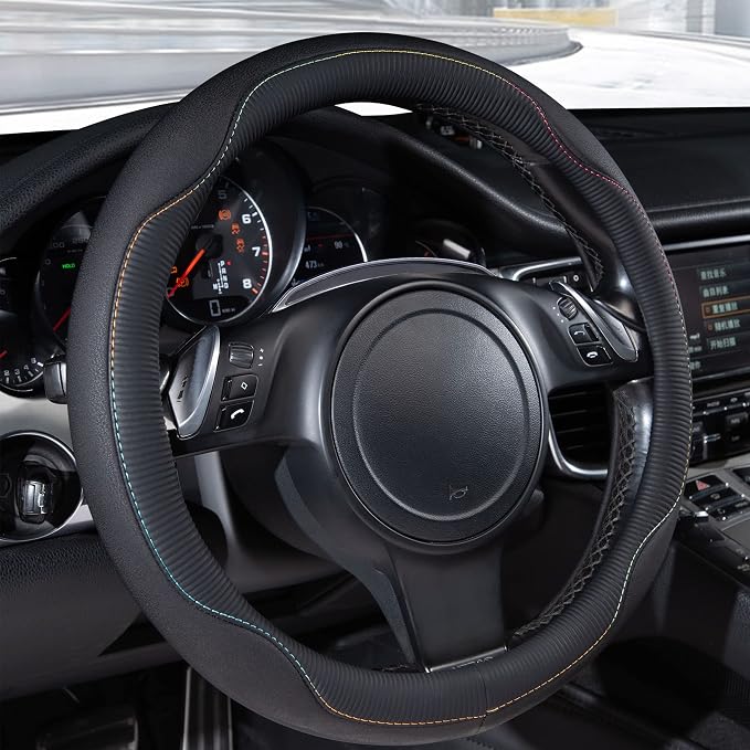 Colour Piping Leather Universal Fit Steering Wheel Cover,Perfectly fit for 14.5-15 inches for Various Vehicles Suvs,Vans,Trucks,Sedans,Cars(Black Multicolor)