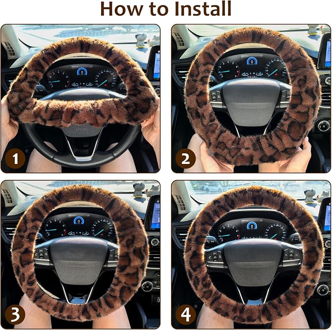 Fuzzy Car Steering Wheel Cover, Universal Fit Fur Auto Wheel Cover & Handbrake Cover & Gear Shift Cover Set, Fashion Leopard Fluffy Steering Wheel Protector Car Accessories for Men Women