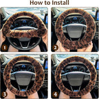 Fuzzy Car Steering Wheel Cover, Universal Fit Fur Auto Wheel Cover & Handbrake Cover & Gear Shift Cover Set, Fashion Leopard Fluffy Steering Wheel Protector Car Accessories for Men Women