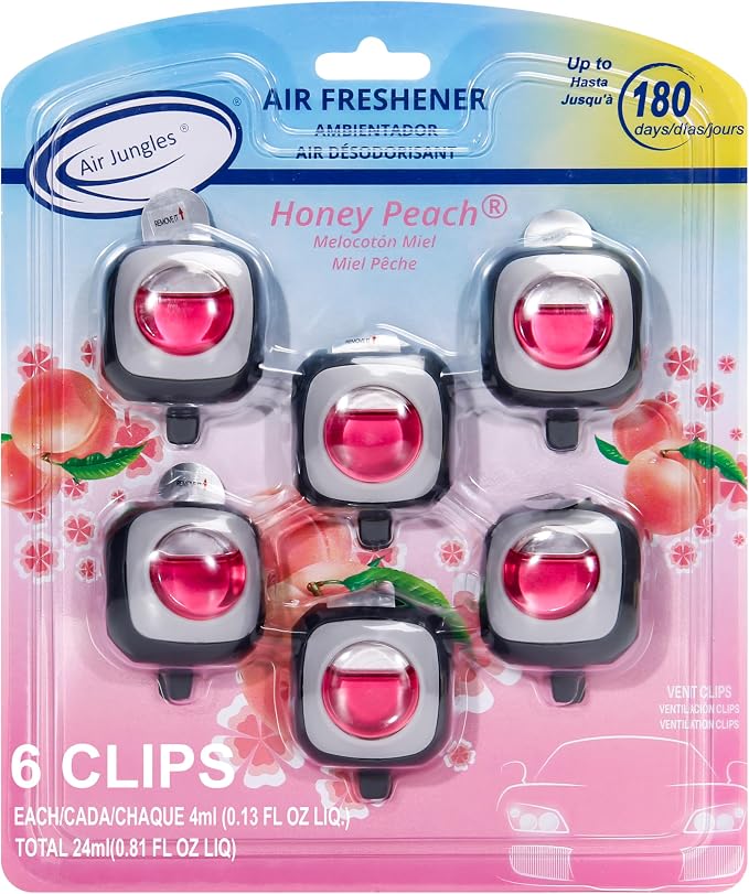 Honey Peach Scent Pink Car Air Freshener Vent Clip 6 Ct | Long Lasting Up to 180 days, Natural Essential Oil Car Fragrance for Women and Men, Odor Eliminator - 4ml Each
