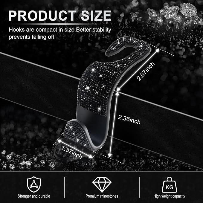 Car Seat Headrest Hook, Auto Seat Hook Hangers Storage Organizer Interior Accessories for Purse Coats Umbrellas Grocery Bags Handbag, 4-Pack(Bling Black)