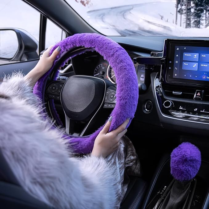 Furry Car Steering Wheel Cover with Fluffy Gear Shift Cover Soft Warm Non-Slip Car Decoration for Women Girls 2 PCS Set, Purple