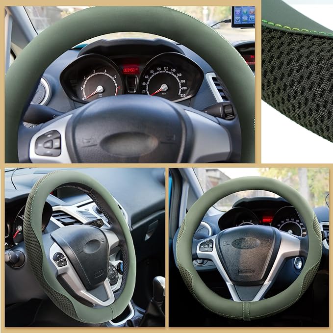4 Car Accessory Set, Steering Wheel Cover, Ceramic Coasters, Daisy Flower Clip Air Freshener, Crystal Hanging Ornament for Women(Sage Green)