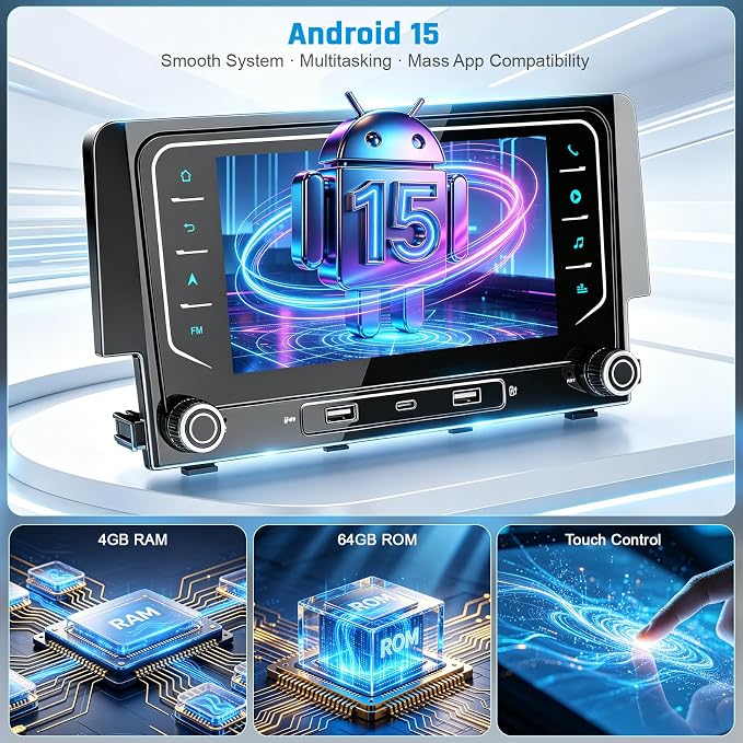 5G WiFi Upgrade Android 15 Car Radio for Honda Civic 2016 2017 2018 2019 2020 2021, 7 Inch IPS Touch Screen with Wireless CarPlay Android Auto, GPS/Bluetooth/FM/SWC/Type C/Backup Camera, 4+64G