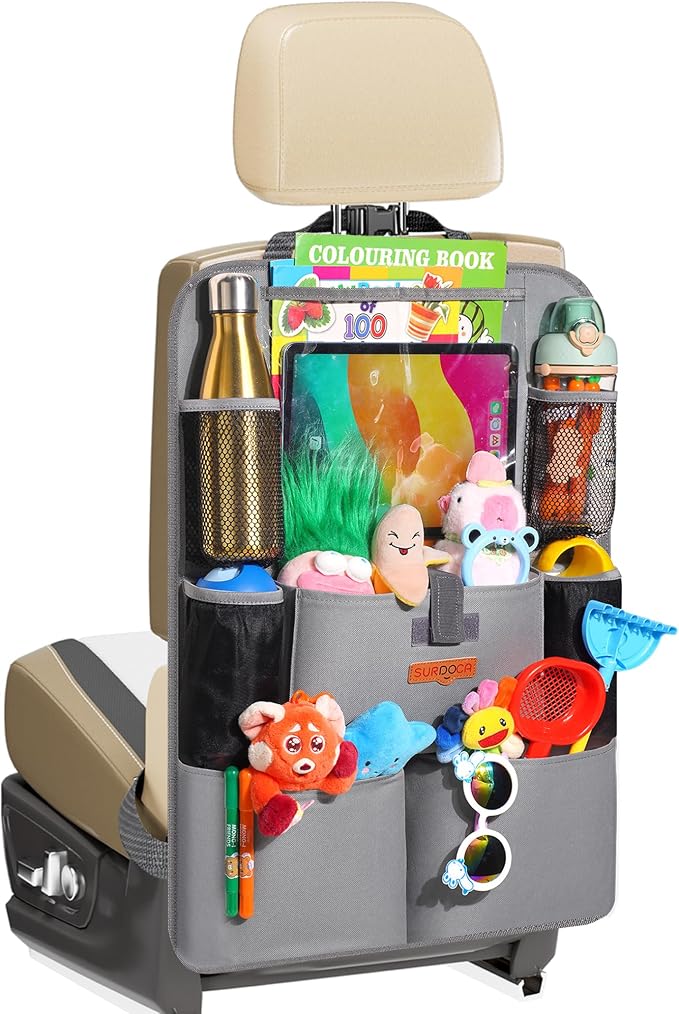 Upgraded Car Organizer with 11-inch Tablet Holder, 8 Pockets, Car Seat Protector for Road Trips - Car Storage and Organizers for Kids, Grey 1PC