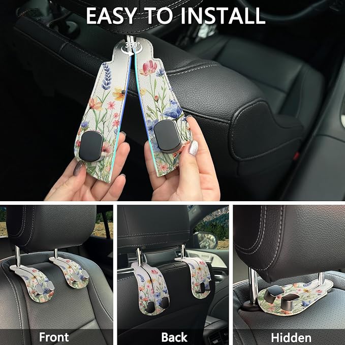 2PCS Car Seat Back Storage Headrest Hooks, Floral Flowers Purse Holder Bags Hanger, PU Leather Double Metal Hook for Backseat Organizer, Women Car Accessories Organization