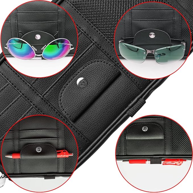 Car Sun Visor Organizer, Multi-Pocket Visor Organizer Storage Pouch for Cars, SUVs & Trucks with Double Zippers, Elastic Bands & Glasses Clip - Organizes Essentials Keep Tidy (Black)