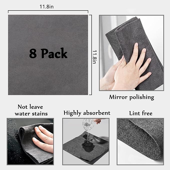 Thickened Magic Cleaning Cloth,8 Pcs Lint Free Cloth,Reusable Microfiber Cleaning Rag for Windows,Mirror,Glass,Car,Gray