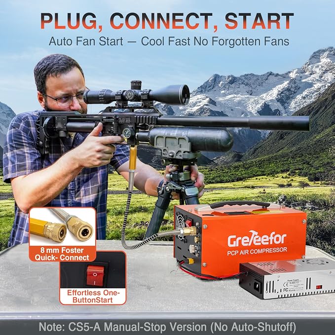 PCP Air Compressor, 4500 PSI / 30 MPa, Dual Power Car 12V DC or Home 110V/220V AC, Retractable Handle, Water/Oil-Free for Paintball/PCP Rifle/HPA Tank, Manual Stop, 250W, Orange