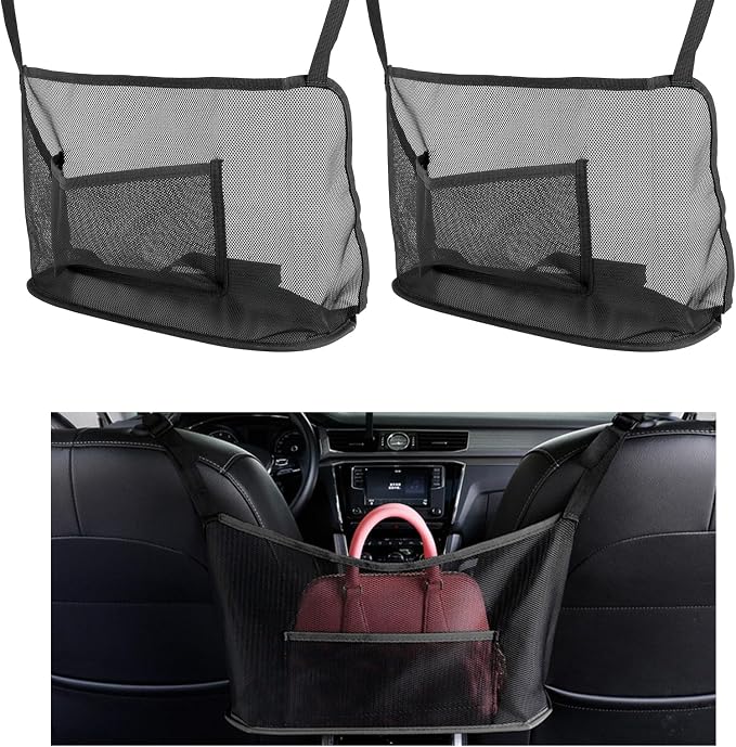 2 PCS Car Net Pocket Handbag Holder, Organizer Mesh Bag Between Two Seat, Driver Storage Netting Pouch for Handbag Purse, Barrier of Backseat Pet, Car Accessories for Women Men (Black)
