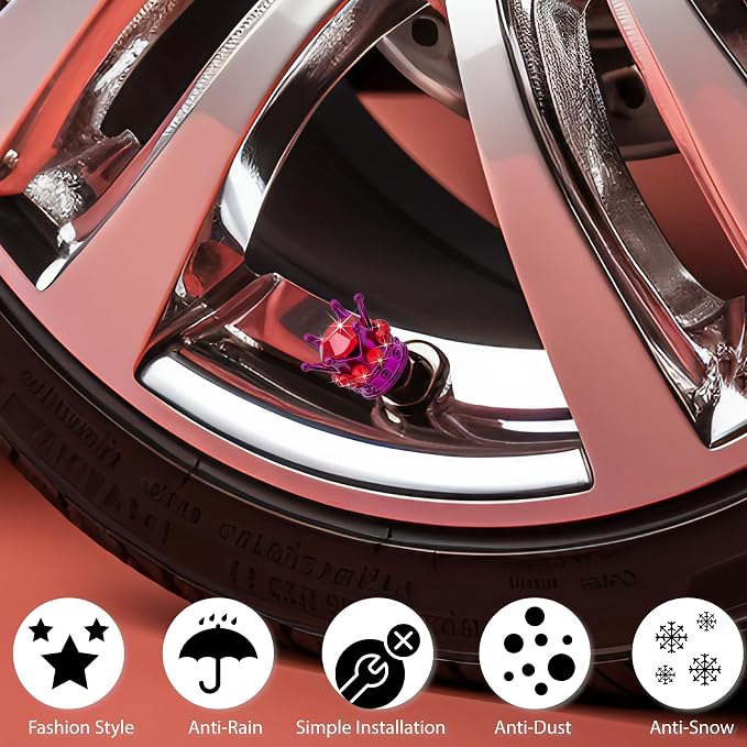4PCS Crown Bling Tire Stem Valve Caps, Crystal Diamond Tire Air Cap Set Universal Copper Core Stem Covers for Cars, SUV, Trucks, Bikes, Motorcycles, Bicycles (Purple & Red)