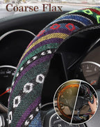 Boho Steering Wheel Cover with Baja Blanket Cloth, Ethnic Style Auto Wheel Cover Made of Coarse Flax, Fits 14 1/2-15 1/4 inches Car Wheel