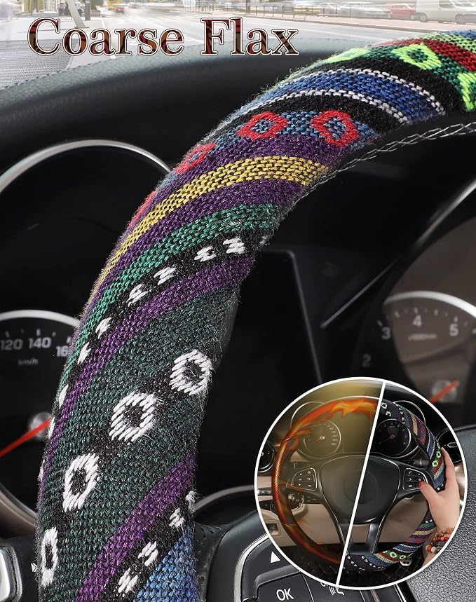 Boho Steering Wheel Cover with Baja Blanket Cloth, Ethnic Style Auto Wheel Cover Made of Coarse Flax, Fits 14 1/2-15 1/4 inches Car Wheel