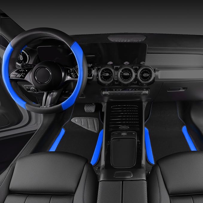 Faux Leather Steering Wheel Cover and Waterproof Car Floor Mats,Universal Car Combo Fit for 95% Sedan,SUV,Cars,14.5-15inch Sporty Anti-Slip Safety Comfortable Design(Black＆Bule)