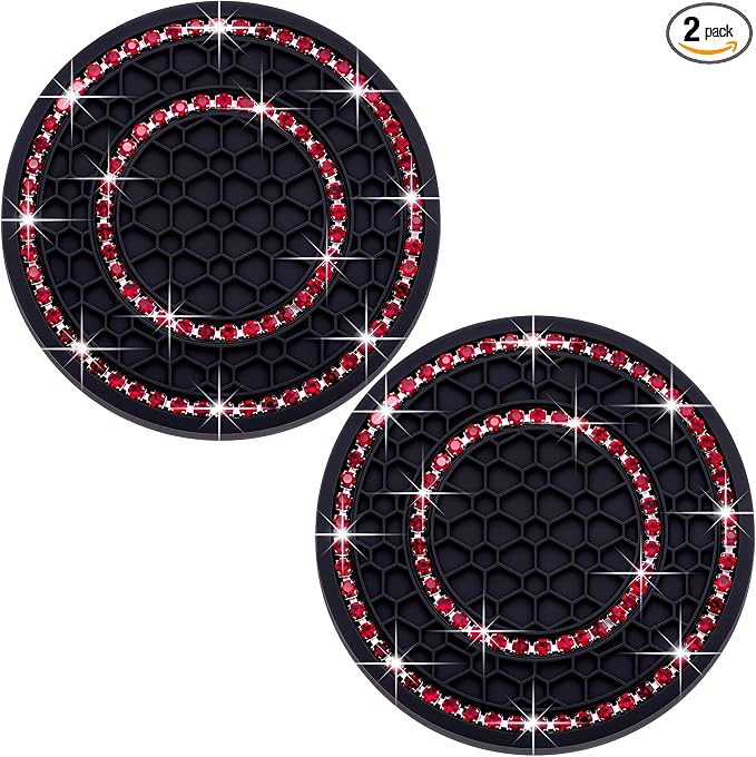 2PCS Bling Crystal Rhinestone Cup Holder Coaster, 2.75 inch Soft Silicone Anti-Slip Shockproof, Car Cup Holder Insert Coasters, Universal Car Interior Accessories for Women (Black & Red)