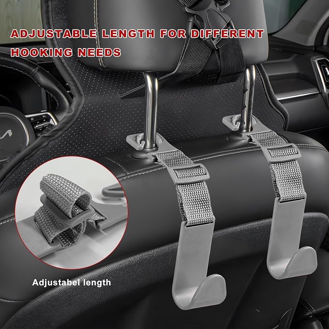 4PCS Car Seat Headrest Hook, Adjustable Vehicle Backseat Hanger Storage Organizer, Universal Seat Back Holder Hooks for Purse Coat Grocery Bag, Car Accessories (Gray)