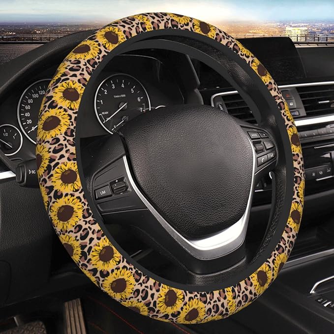 Elastic Car Steering Wheel Cover,Yellow Sunflowers Leopard Print Protector Upgrade Thicken,Anti Slip Soft Car Interior Decor for Diverse Cars Truck SUV for Men Women Universal 15 Inch
