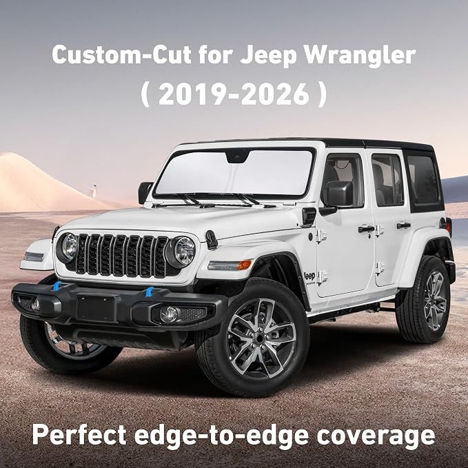 Windshield Sunshade Compatible for Jeep Wrangler 2019-2024 2025 2026, Sun Visor for Front Windshield & Window Sun Shade Cover, UV Heat Blocker & Protector, Car Accessories
