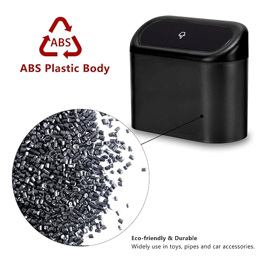 Mini Car Trash Can with Lid, Small Car Garbage Can, Cute Leakproof ABS Car Trash Bin, Car Accessories for Interior, Garbage Bin for Car, Home, Office with 60pcs Trash Bags Black