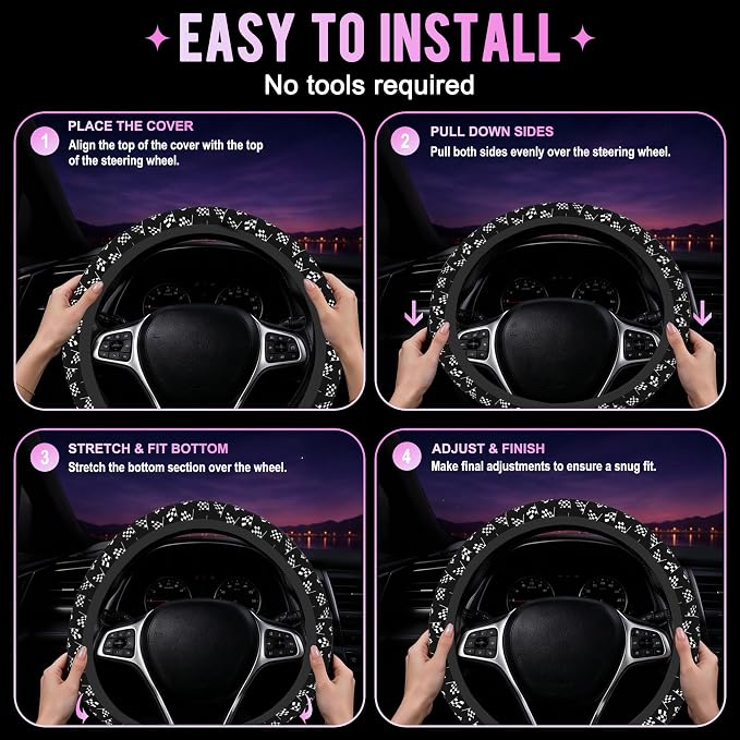 Racing Flag Steering Wheel Cover for Women Men Neoprene Breathable Black and White Checkered Flag Wheel Cover Protector Anti-Slip Car Accessories Universal 15 Inch Fit for Cars Trucks Vehicles