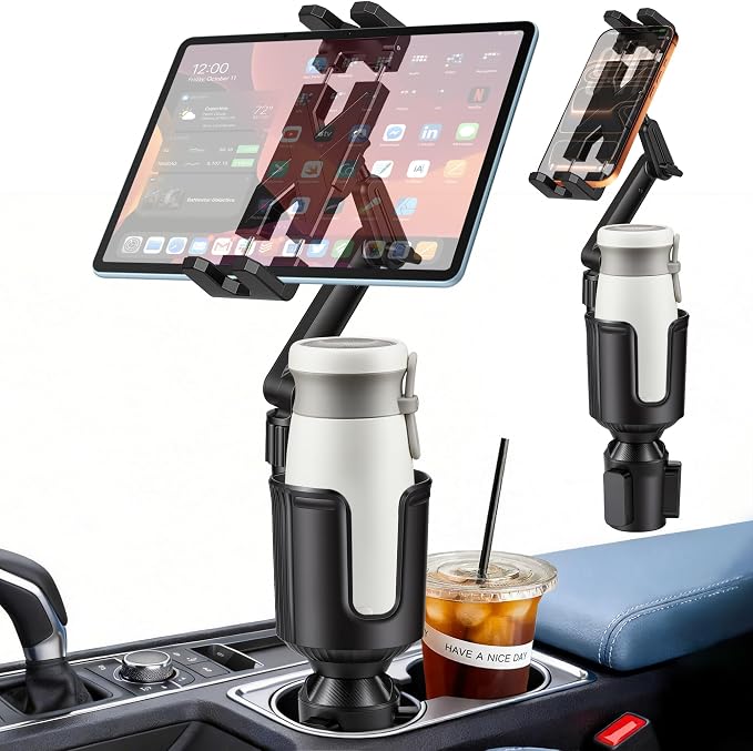 Cup Holder Tablet Mount, Ipad Cup Holder Car Mount Expander [2026 Upgraded] with 22" Height Adjustable Arm for Tablet iPhone 3-13in iPad Pro Air Mini, Fire, iPhone 15, Galaxy S24 Z Fold 5