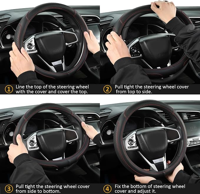 Customized Auto Car Steering Wheel Cover for Chevy 14.5-15 inches, Steering Wheel Cover for Chevrolet (Black+Red - Standard Size)
