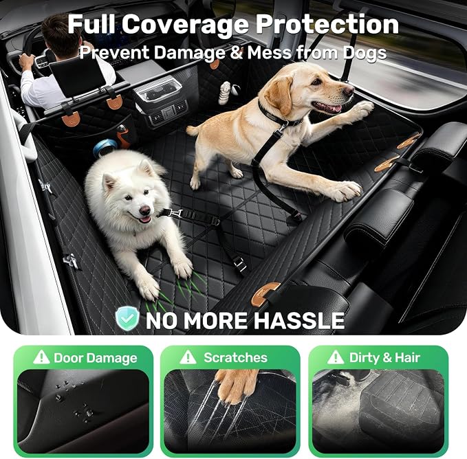 Heavy-Duty Dog Truck Seat Cover, Flat Solid Back Seat Extender for Multi Large Dogs, Hard Bottom Supports 450 lb, Waterproof Hammock Protector, XL for Full-Size Crew Cab Trucks & SUVs, Matte Blk