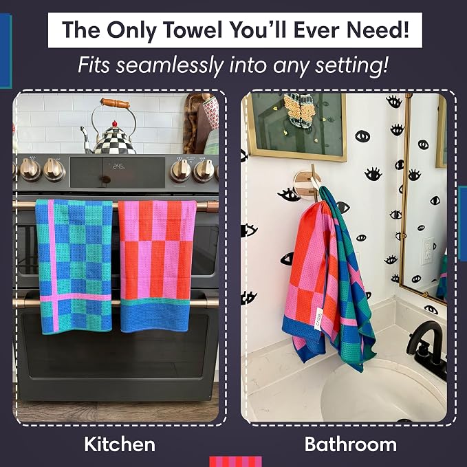 crae. Microfiber Hand Towel & Washcloth Set of 2 - Double-Sided, Waffle Weave, Super Absorbent, Lint-Free, Fast Drying -for Bathroom, Kitchen, Car, and Window Cleaning (Collins/Marine)