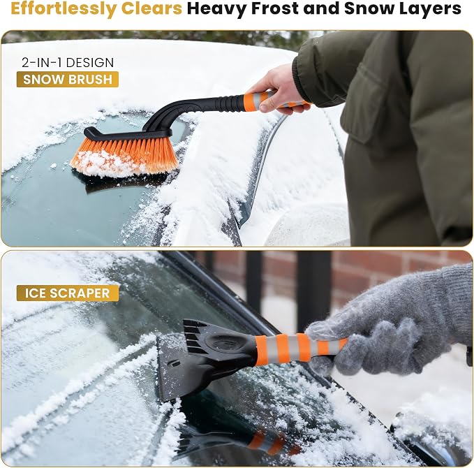 27” Snow Brush and Ice Scraper for Car Windshield – Heavy Duty Snow Remover for Cars, SUVs & Trucks | Soft Non-Scratch Bristles | Detachable ABS Ice Scraper | Winter Windshield Cleaning Tool