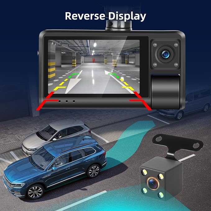 3 Channel Dash Cam for Cars, Dash Cam Front and Rear Inside, Bulit-in WiFi: 3 inch IPS Screen, 1080P Triple Dash Camera with 64GB Card, G-Sensor, Loop Record, Night Vision + Rearview Camera