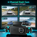 360°View 4 Channel Dash Cam, 5'' IPS Large Screen Dash Camera for Cars, 4K+1080P Front and Rear Inside Left Right, Built-in IR Night Vision, 24H Parking Mode, 64GB SD Card, Wireless APP Transmission