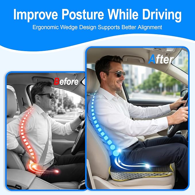 Car Seat Cushion for Driving, Wedge Driver Seat Cushion for Car | Memory Foam Car Seat Cushion for Long Driving, Car Cushion for Height, Non-Slip Base for Driver, Trucks, Office Chairs, Black