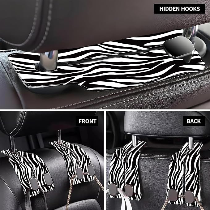 Purse Hook for Car Abstract Black Zebra 1 Pack Headrest Back Seat Hook Premium Leather Double Metal Hanger Storage Pack Bag Purse Holder Car Interior Accessories