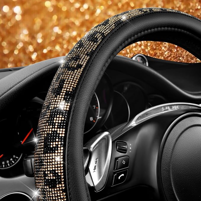 Bling Diamond Steering Wheel Cover Leopard Pattern, Sparkly Crystal Glitter Rhinestones Black Leather Wheel Protect for Women Girl Fit Suvs,Vans,Sedans,Cars,Trucks, 14" 1/2-15" Gold Leopard