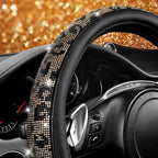 Bling Diamond Steering Wheel Cover Leopard Pattern, Sparkly Crystal Glitter Rhinestones Black Leather Wheel Protect for Women Girl Fit Suvs,Vans,Sedans,Cars,Trucks, 14" 1/2-15" Gold Leopard