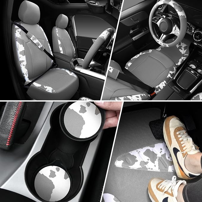 Cow Print Faux Leather Car Seat Covers & Cow Car Mats & Cow Steering Wheel Cover Seat Belt Pads Universal fit for SUV,Van,Saden,Truck Cute Car Accessories Automobile Interior Sets All Gray