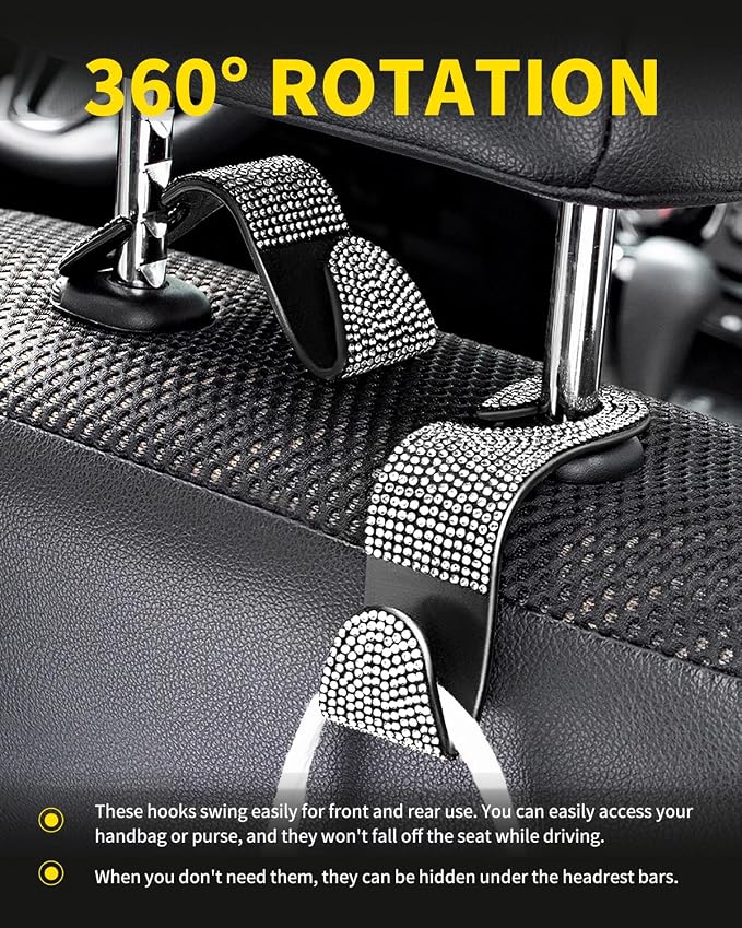 4 Pack Blink Diamond Car Seat Headrest Hooks Crystal Rhinestone Car Purse Holder Universal Interior Accessories for Handbags, Water Bottles, Coats, Umbrellas, White