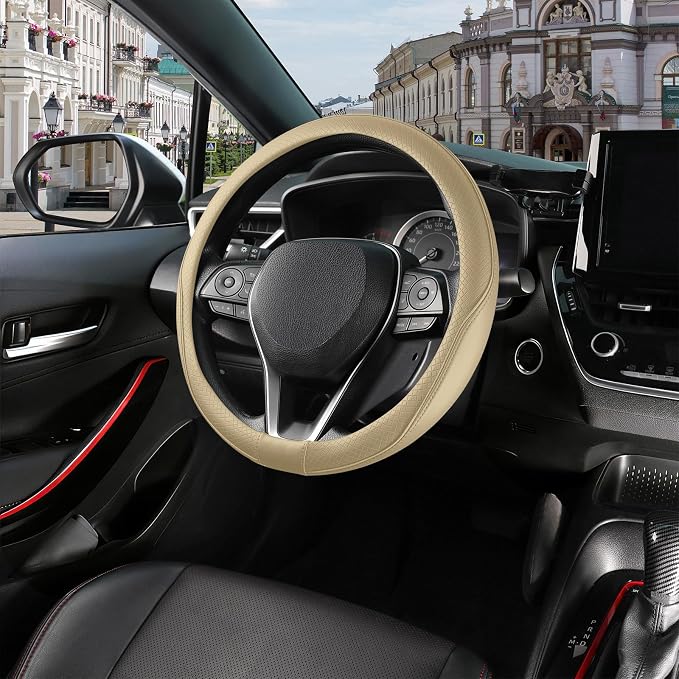 Steering Wheel Cover 14.5-15 inch (37-39 cm) Medium Size, Microfiber Leather, Non-Slip Comfortable Grip, Fits Cars Trucks SUVs, Beige