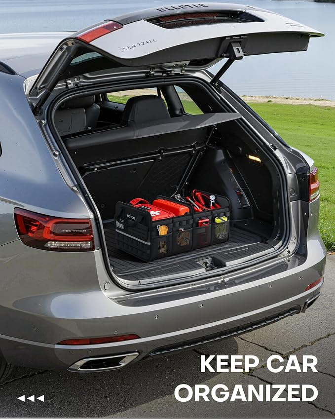 Tactical Car Trunk Organizer - Foldable Trunk Organizer for SUV with Front MOLLE Pocket & Reflective Strips, Essential Car Accessories for Tools & Outdoor Storage, 15.0" x 23.6" x 11.0", Black