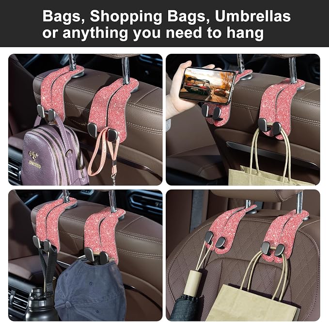 CoBak Purse Hook for Car - Universal Premium Stitched Leather and Aluminum-Magnesium Alloy Double Car Seat Back Storage Hook for Purses, Handbags, Bags (2 Pack),Fuchsia Glitter