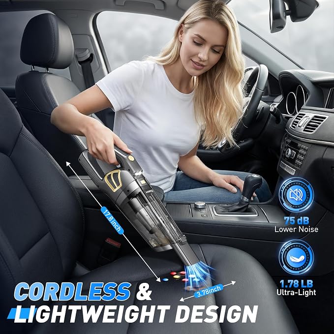 Handheld Vacuum Cordless, 15000PA Powerful Suction Rechargeable Vacuum,Portable Car Vacuum with LED Light and Multi Accessories, Hand Held Vacuum Cleaner for Home, Office, Pet Hair and Car