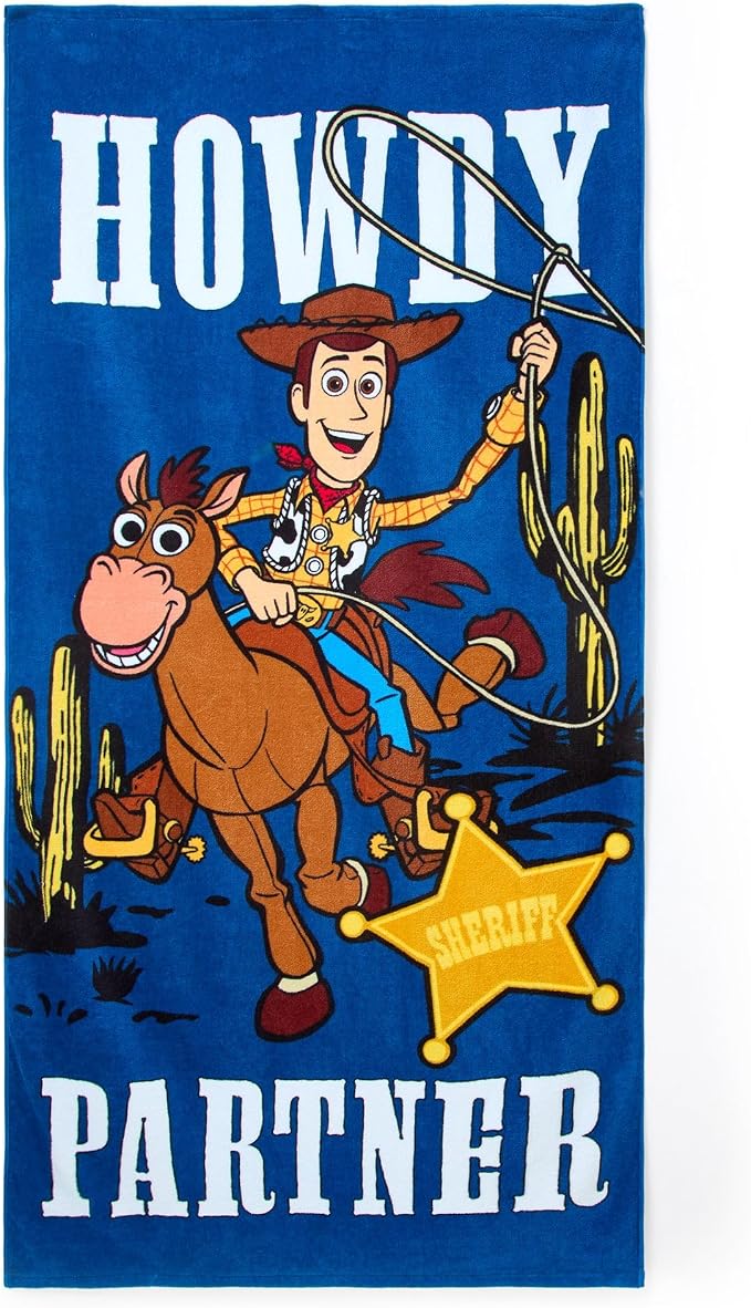 Store Official Woody Beach Towel with Woody & Bullseye Screen Art on Topside - Measures 29" x 58" - Soft & Absorbent for Pool or Beach - Bath Towels for Kids Who Love Toy Story Movies