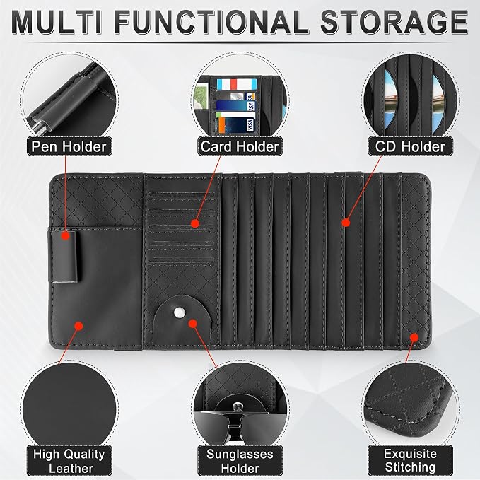 Sun Visor CD Case Holder for Car - Multi-Function Visor Organizer with CD/DVD Storage, Eyeglass Clip, Card Slots & Pen Holder, Durable Leather Car Accessories (Black)