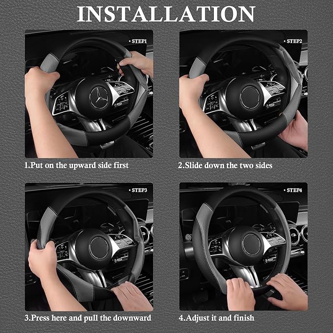 Faux Leather Steering Wheel Cover and Waterproof Car Floor Mats,Universal Car Combo Fit for 95% Sedan,SUV,Cars,14.5-15inch Sporty Anti-Slip Safety Comfortable Design(Black＆Gray)